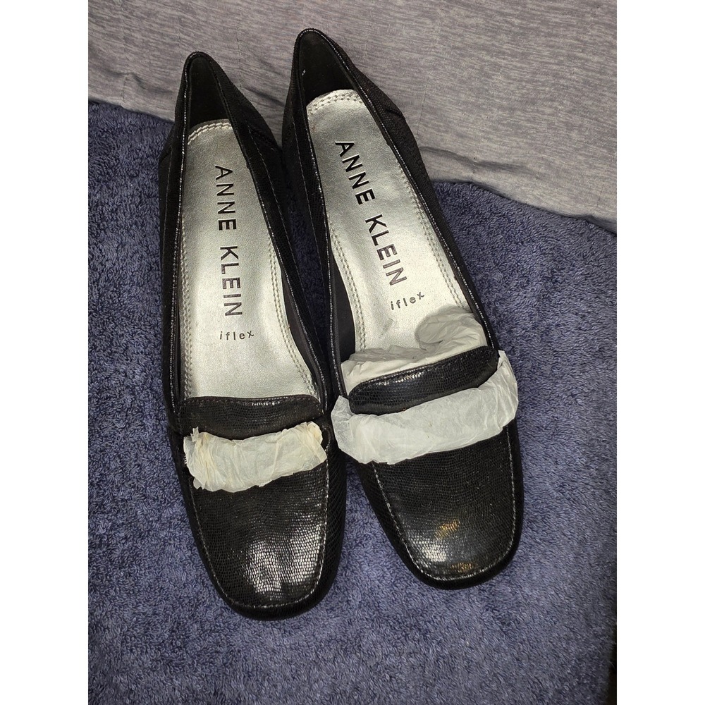 1380 Anne Klein Akvalya Black Textured Chain Loafers iFlex Flats 8.5M VALY01F9